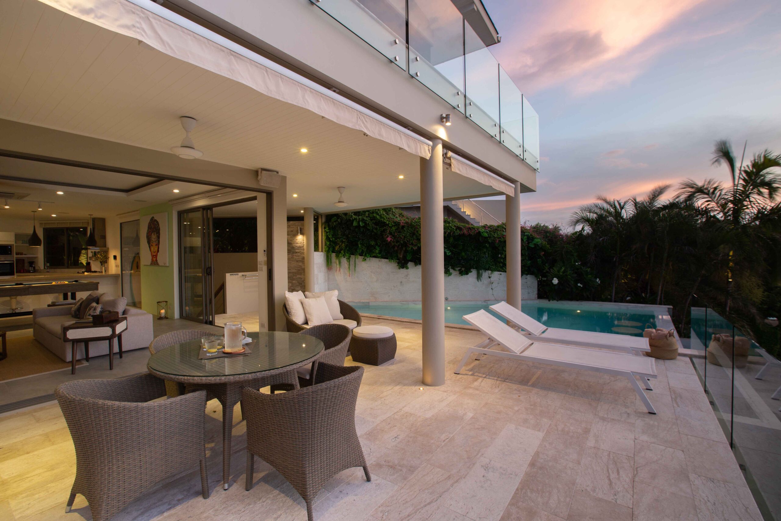 Pool lounging at sunset from terrace at Lemon Twist House, Koh Samui